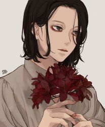 Rule 34 | 1boy, bishounen, black hair, brown eyes, closed mouth, collared shirt, commentary request, constricted pupils, flower, grey shirt, hair over one eye, highres, holding, holding flower, kagoya1219, looking away, male focus, original, red flower, shirt, short hair, signature, simple background, solo, upper body, white background