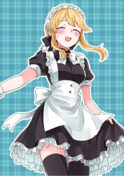 Rule 34 | 1girl, ^ ^, apron, black dress, black ribbon, black thighhighs, blonde hair, blue background, blush, bow, bowtie, breasts, clarice (idolmaster), closed eyes, cowboy shot, dress, frilled apron, frilled dress, frills, hair bow, hair ribbon, hand up, idolmaster, idolmaster cinderella girls, idolmaster cinderella girls starlight stage, long hair, maid, maid headdress, medium breasts, namiko817, open mouth, outstretched arm, plaid, plaid background, red brooch, ribbon, short sleeves, shy, sidelocks, skirt hold, smile, solo, standing, sweatdrop, thighhighs, waist bow, white apron, white bow, white bowtie, white wrist cuffs, wrist cuffs, zettai ryouiki
