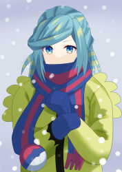 Rule 34 | 1boy, absurdres, blue eyes, blue mittens, blue scarf, commentary request, creatures (company), eyelashes, game freak, green hair, grey background, grusha (pokemon), highres, jacket, kanna hm33, long sleeves, male focus, mittens, nintendo, poke ball print, pokemon, pokemon sv, scarf, scarf over mouth, snowing, solo, striped clothes, striped scarf, upper body, yellow jacket