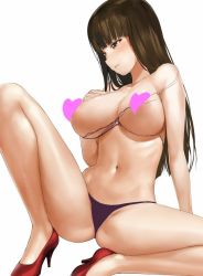 Rule 34 | 10s, a1 (initial-g), blunt bangs, breasts, brown eyes, brown hair, censored, censored nipples, girls und panzer, heart, heart censor, high heels, large breasts, long hair, navel, nishizumi shiho, solo, spread legs, topless