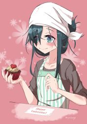 Rule 34 | 1girl, apron, artist name, bad id, bad pixiv id, bandana, blue eyes, blue hair, brown shirt, burn scar, collarbone, commentary request, cupcake, floral background, folded ponytail, food, hair over one eye, happy valentine, highres, long hair, original, pink background, ryochang, scar, shirt, striped apron, striped clothes, valentine