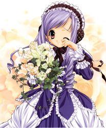 Rule 34 | 00s, 1girl, aria (sister princess), bouquet, chin strap, dress, drill hair, floral background, flower, frilled dress, frilled sleeves, frills, hairband, highres, lolita fashion, lolita hairband, long hair, long sleeves, looking at viewer, one eye closed, plant, purple hair, red eyes, rose, sister princess, solo, tears, tenhiro naoto, vines, white rose, wiping tears