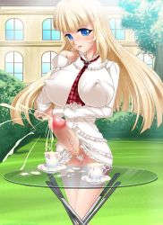 Rule 34 | 1futa, :p, artist request, blonde hair, blue eyes, blunt bangs, breasts, censored, covered erect nipples, cum, cum in container, cum in cup, cup, dress, ejaculation, emilie de rochefort, erection, futanari, glass table, gokkun, handsfree ejaculation, highres, jpeg artifacts, large breasts, long hair, nature, no testicles, outdoors, panties, penis, solo, table, tekken, tongue, tongue out, underwear