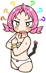 Rule 34 | 1girl, ?, ahoge, bachera, bangle, blush stickers, bow, bow panties, bracelet, collarbone, commentary, covering privates, covering chest, cropped legs, fang, forehead, highres, jewelry, looking at viewer, low twintails, open mouth, original, panties, pink hair, simple background, solo, sweat, symbol-only commentary, tail, topless, twintails, underwear, underwear only, v-shaped eyebrows, white background, white panties