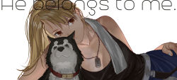 Rule 34 | 1girl, amestris military uniform, animal, bare shoulders, black hayate, black shirt, blonde hair, breasts, brown eyes, character name, cleavage, dog, earrings, emmmerald, english text, expressionless, fingernails, fullmetal alchemist, hand on own hip, jewelry, long hair, looking away, lying, military, military uniform, necklace, riza hawkeye, shirt, simple background, sleeveless, solo focus, text focus, towel, towel around neck, uniform, upper body, white background