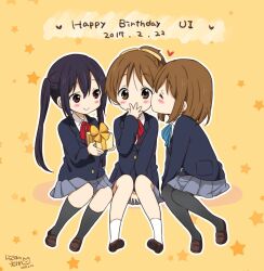 Rule 34 | 3girls, artist logo, artist name, birthday, black hair, black socks, blazer, blue jacket, blue ribbon, blush, blush stickers, bow, box, brown eyes, brown hair, covering crotch, covering own mouth, covering privates, dated, gift, gift box, grey skirt, hair bow, happy birthday, hirasawa ui, hirasawa yui, holding, holding gift, jacket, k-on!, kneehighs, multiple girls, nakano azusa, neck ribbon, pantyhose, pleated skirt, ragho no erika, red ribbon, ribbon, sakuragaoka high school uniform, school uniform, shoes, short hair, sidelocks, signature, simple background, sitting, skirt, smile, socks, star (symbol), starry background, uwabaki, wide-eyed, yellow background, yellow bow