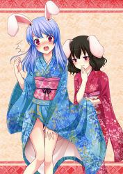Rule 34 | 2girls, ^^^, alternate hair color, animal ears, bad id, bad pixiv id, bare legs, blue hair, blush, brown hair, clenched hand, clothes lift, female focus, floral print, grin, hand to own mouth, inaba tewi, japanese clothes, kimono, kimono lift, multiple girls, obi, pink eyes, rabbit ears, red eyes, reisen udongein inaba, sash, smile, smirk, tottoto tomekichi, touhou, yukata