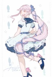 Rule 34 | 1girl, black ribbon, blue footwear, dated, dress, facing viewer, from behind, hair flaps, hair ribbon, high heels, highres, hiroi09, kantai collection, long hair, looking back, open mouth, pink hair, ponytail, ribbon, sailor dress, signature, smile, solo, teeth, upper teeth only, very long hair, white background, white dress, yura (kancolle)