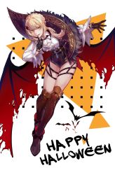 Rule 34 | 1girl, alternate costume, alternate hairstyle, argyle, ascot, bat (animal), black gloves, blonde hair, blouse, blush, boots, braid, brown footwear, collared shirt, creamyghost, crown braid, fangs, finger to mouth, flight, floating, floating hair, flying, french braid, full body, girls&#039; frontline, gloves, green eyes, gun, halloween, happy halloween, high heel boots, high heels, holster, index finger raised, long sleeves, looking at viewer, o-ring, open mouth, outstretched hand, red wings, shiny clothes, shirt, short hair with long locks, shushing, simple background, skindentation, smile, solo, star (symbol), thigh boots, thigh holster, thighhighs, torn wings, vampire, vampire costume, weapon, welrod mkii (girls&#039; frontline), white shirt, wide sleeves, wind, wind lift, wing hair ornament, wings, wristband