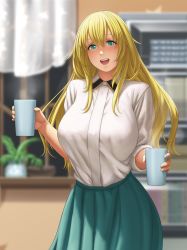 Rule 34 | 1girl, :d, alternate costume, atago (kancolle), blonde hair, blue eyes, blurry, blush, breasts, commentary request, cowboy shot, cup, depth of field, green skirt, highres, holding, holding cup, indoors, kantai collection, large breasts, long sleeves, looking at viewer, lvl (sentrythe2310), open mouth, plant, potted plant, round teeth, skirt, sleeves pushed up, smile, solo, steam, tareme, teeth, window