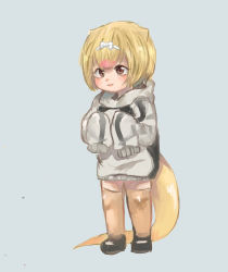 Rule 34 | 10s, :3, absurdres, alternate costume, anteater ears, anteater tail, blonde hair, bow, hair bow, highres, hood, hoodie, kajitsu ohima, kemono friends, oversized clothes, pink hair, short hair, silky anteater (kemono friends), solo, thighhighs