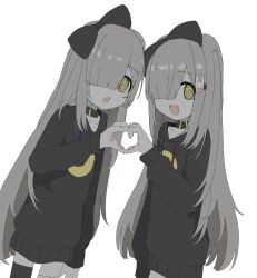 Rule 34 | 2girls, @ @, absurdres, animal collar, animal hands, black bow, black hoodie, blunt bangs, blush, bow, claws, clone, collar, cowboy shot, fang, fewer digits, floppy ears, grey hair, hair bow, hair ornament, hair over one eye, hand up, heart, heart hands, heart hands duo, highres, hood, hood down, hoodie, long hair, long sleeves, multiple girls, nervous sweating, one eye covered, open mouth, original, oyasu miyo (vreparty), pawpads, print hoodie, print shirt, rabbit hair ornament, shirt, simple background, single thighhigh, skin fang, smile, standing, sweat, thighhighs, vreparty, white background, yellow eyes