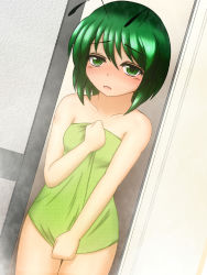 Rule 34 | 1girl, antennae, blush, covering privates, dsk, female focus, green eyes, green hair, matching hair/eyes, naked towel, open mouth, short hair, solo, touhou, towel, wriggle nightbug