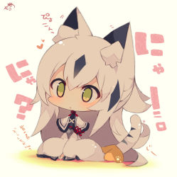 Rule 34 | 1girl, :&lt;, animal ear fluff, animal ears, beige background, black hair, blush, capelet, cat ears, cat girl, cat tail, chibi, closed mouth, commentary request, fate/grand order, fate (series), green eyes, grey hair, hair between eyes, highres, kemonomimi mode, long hair, long sleeves, multicolored hair, muuran, nagao kagetora (fate), solo, striped tail, tail, tail raised, translation request, two-tone hair, very long hair, white capelet, wide sleeves