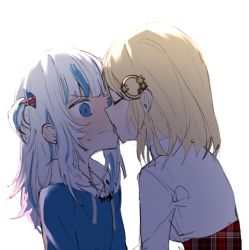 Rule 34 | 2girls, blonde hair, blue eyes, blue hair, blue hoodie, blush, closed eyes, closed mouth, collared shirt, commentary, embarrassed, english commentary, enot, face-to-face, gawr gura, gawr gura (1st costume), hair ornament, high-waist skirt, hololive, hololive english, hood, hoodie, kiss, long hair, looking at another, medium hair, multicolored hair, multiple girls, plaid, plaid skirt, red skirt, shark hair ornament, shirt, short twintails, silver hair, simple background, skirt, streaked hair, sweatdrop, tongue, tongue out, twintails, two-tone hair, upper body, virtual youtuber, watson amelia, watson amelia (1st costume), wavy mouth, white background, white shirt, yuri
