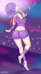 Rule 34 | 1girl, ass, bare shoulders, bike shorts, blunt bangs, demon girl, demon wings, detached sleeves, dimples of venus, fang, flat chest, from behind, full body, hair over eyes, kainkout, kneepits, microphone, musical note, open mouth, original, purple hair, shiny clothes, shiny skin, short hair, short shorts, shorts, solo, standing, standing on one leg, thighs, wide hips, wings