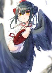 Rule 34 | 1girl, arm behind head, arm up, bare shoulders, black hair, black wings, blurry, blurry background, blush, bridal gauntlets, brown eyes, closed mouth, depth of field, double bun, feathered wings, hair between eyes, hair bun, hand up, hat, looking at viewer, looking to the side, midriff, mini hat, moti yousei, nijisanji, red hat, simple background, skirt, sleeveless, smile, solo, tengu, tokin hat, virtual youtuber, white background, white skirt, wings, yamagami karuta