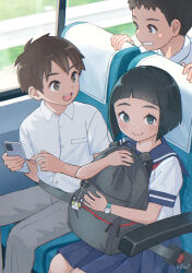 Rule 34 | 1girl, 2boys, :t, absurdres, backpack, bag, bag on lap, black eyes, black hair, blue eyes, blue skirt, blunt ends, blush, bob cut, bus interior, cellphone, charm (object), closed mouth, collared shirt, excited, grey pants, grin, highres, holding, holding bag, holding phone, looking at viewer, multiple boys, open mouth, original, pants, phone, pleated skirt, sailor collar, school uniform, seatbelt, serafuku, shirt, shirt tucked in, short sleeves, skirt, smartphone, smile, taka (tsmix), uniform, watch, white shirt, wristwatch
