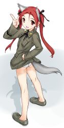 Rule 34 | 00s, 1girl, animal ears, hair ribbon, hand on own hip, hip focus, legs, long hair, looking back, minna-dietlinde wilcke, open mouth, panties, red eyes, red hair, ribbon, shikkaku, solo, strike witches, tail, twintails, underwear, uniform, wolf ears, world witches series
