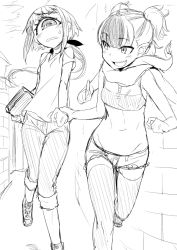 Rule 34 | 2girls, :d, blunt bangs, blush, book, bra, brick wall, cyclops, extra arms, eyelashes, fang, greyscale, holding hands, long hair, midriff, monochrome, multiple girls, navel, one-eyed, open mouth, original, pants, pants rolled up, perspective, pointing, pointing at viewer, running, scarf, shirt, shoes, shorts, sketch, smile, sneakers, solopipb, sweatdrop, thighhighs, underwear