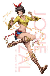 Rule 34 | 1girl, :d, blue shorts, breasts, character name, cleavage, crop top, earrings, full body, full moon, gladiator sandals, headband, highres, jewelry, josie rizal, long sleeves, looking at viewer, maka nyan, medium breasts, midriff, moon, navel, open mouth, sandals, shirt, short hair, shorts, smile, solo, tekken, tekken 7, toes, white background, yellow shirt