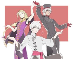 Rule 34 | 3boys, alternate hairstyle, antonio salieri (fate), blonde hair, braid, charles-henri sanson (fate), chinese clothes, commentary, commentary request, fate/grand order, fate (series), gloves, half updo, hat, kneeling, long hair, long sleeves, male focus, mocollie, multiple boys, red background, red gloves, simple background, single braid, white hair, wolfgang amadeus mozart (fate)