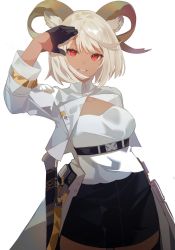 Rule 34 | 1girl, animal ears, arknights, arm up, black gloves, black skirt, blonde hair, breasts, carnelian (arknights), cowboy shot, cropped jacket, dark-skinned female, dark skin, gloves, goat ears, goat girl, goat horns, grey jacket, highres, horns, jacket, long sleeves, looking at viewer, medium breasts, miniskirt, open clothes, open jacket, parted lips, red eyes, rondo (pocketrondo), salute, shirt, short hair, simple background, skirt, smile, solo, underbust, waist cape, white background, white shirt