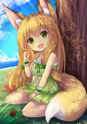 Rule 34 | 1girl, :d, animal ears, bare shoulders, blonde hair, blue sky, breasts, bug, cloud, collarbone, day, dress, eyebrows, fox ears, fox tail, green dress, green eyes, twirling hair, horizon, insect, kitsune, ladybug, layered dress, long hair, looking at viewer, ocean, open mouth, original, outdoors, ribbon-trimmed clothes, ribbon trim, round teeth, sitting, sky, sleeveless, sleeveless dress, small breasts, smile, solo, sunlight, tail, teeth, tree, u rin, under tree, wariza, wrist cuffs