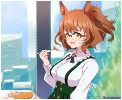 Rule 34 | 1girl, :d, animal ears, aston machan (umamusume), breasts, brown hair, food, fork, from side, green skirt, hair ornament, hair scrunchie, highres, holding, holding fork, horse ears, horse girl, kaisendonburi, large breasts, looking at viewer, open mouth, ponytail, red scrunchie, scrunchie, shirt, sideboob, skirt, smile, solo, suspenders, twitter username, umamusume, white shirt, yellow eyes