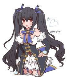 Rule 34 | 1girl, bare shoulders, black hair, blush, breasts, cleavage, detached sleeves, dress, frilled dress, frills, hair ribbon, haruna (citrus love i), highres, long hair, medium breasts, neptune (series), noire (neptunia), red eyes, ribbon, solo, twintails, twitter username