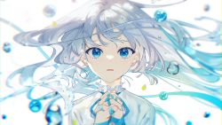 Rule 34 | 1girl, absurdres, blue eyes, blurry, blurry background, highres, liquid hair, looking at viewer, omutatsu, original, solo, water drop, white background, white hair