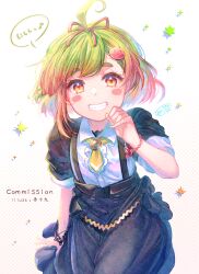 Rule 34 | 1girl, ahoge, black skirt, blush stickers, collared shirt, commentary request, commission, dress shirt, gradient background, gradient hair, green hair, green nails, grey background, grin, hair ribbon, hand up, highres, ittokyu, looking at viewer, multicolored hair, multicolored nails, nail polish, original, puffy short sleeves, puffy sleeves, red eyes, red hair, red ribbon, ribbon, shirt, short eyebrows, short sleeves, skirt, smile, solo, suspender skirt, suspenders, thick eyebrows, translation request, white background, white shirt, yellow nails