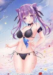 Rule 34 | 1girl, absurdres, armband, artist name, bikini, black bikini, black choker, black ribbon, blue sky, bow choker, breasts, chinese commentary, choker, cloud, cloudy sky, commentary request, cone hair bun, cowboy shot, dated, day, double bun, flower, genshin impact, gradient sky, hair bun, hair ribbon, halterneck, highres, kallen ayase, keqing (genshin impact), long hair, looking at viewer, medium breasts, navel, ocean, open mouth, outdoors, petals, pink sky, purple eyes, purple hair, ribbon, side-tie bikini bottom, signature, sky, smile, solo, standing, swimsuit, twintails, wading, water, water drop, wet
