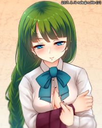 Rule 34 | 1girl, blouse, blue eyes, blush, braid, breasts, cleavage, closed mouth, gradient background, green hair, highres, kantai collection, long hair, looking at viewer, medium breasts, mole, mole under mouth, nuka (nvkka), one-hour drawing challenge, open clothes, school uniform, shirt, smile, solo, upper body, very long hair, white shirt, yuugumo (kancolle)