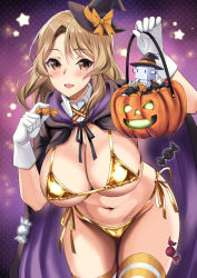 Rule 34 | 1girl, bikini, blush, breasts, brown eyes, candy, cape, cleavage, cowboy shot, food, gloves, gold bikini, halloween, halloween costume, hat, highres, houston (kancolle), jack-o&#039;-lantern, kantai collection, kyogoku shin, large breasts, leaning forward, light blush, light brown hair, long hair, micro bikini, navel, revision, robe, shiny clothes, side-tie bikini bottom, smile, stomach, swimsuit, thighhighs, thighs, white gloves, witch hat