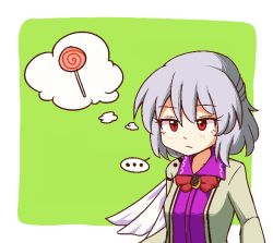 Rule 34 | ..., 1girl, border, bow, bowtie, breasts, brooch, candy, commentary, dress, eyelashes, food, green background, grey jacket, hair between eyes, jacket, jewelry, kishin sagume, lollipop, long sleeves, outside border, purple dress, red bow, red bowtie, red eyes, short hair, silver hair, simple background, small breasts, solo, spoken ellipsis, thought bubble, touhou, upper body, white border, wool (miwol)