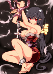 Rule 34 | 1girl, ankle cuffs, anklet, arms up, bad id, bad pixiv id, bare shoulders, barefoot, bdsm, black hair, bondage, bound, breasts, cleavage, feet, highres, horns, jewelry, katana, long hair, long toenails, looking at viewer, nail polish, original, red eyes, shugami, sitting, soles, solo, sword, tentacles, toenails, toes, very long hair, weapon