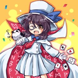 Rule 34 | 1girl, alternate color, alternate hair color, bird, bow, brown eyes, cape, card, clothes writing, cosplay, glasses, gloves, hat, hat bow, kaitou kid, kaitou kid (cosplay), long sleeves, low twintails, meitantei conan, monocle, necktie, one eye closed, open mouth, pote (ptkan), red-framed eyewear, red necktie, runes, semi-rimless eyewear, shirt, short hair, skirt, solo, star (symbol), touhou, twintails, under-rim eyewear, usami sumireko, white skirt