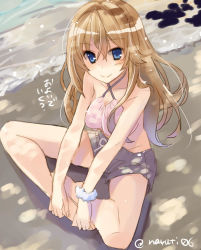 Rule 34 | 10s, 1girl, alternate costume, bare legs, barefoot, beach, bismarck (kancolle), blonde hair, blue eyes, blush, breasts, collarbone, denim, denim shorts, full body, hands on feet, hat, indian style, kantai collection, long hair, looking at viewer, military, military uniform, naruse chisato, outdoors, peaked cap, shorts, sitting, smile, solo, twitter username, uniform, water