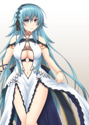 Rule 34 | 1girl, aquamarie, armlet, black hairband, black ribbon, blue eyes, blue hair, bracelet, braid, breasts, cleavage, cleavage cutout, clothing cutout, dress, hair ribbon, hairband, highres, jewelry, knees together feet apart, large breasts, legs together, long hair, looking at viewer, navel cutout, ribbon, sano souichi, sennen sensou aigis, simple background, skirt hold, solo, standing, very long hair, white dress
