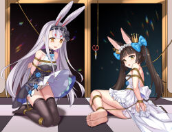 Rule 34 | 2girls, animal ears, arms behind back, ass, azur lane, backless dress, backless outfit, bare legs, bare shoulders, barefoot, bdsm, black bow, black dress, blue flower, blush, bondage, bound, bound ankles, bound arms, bound legs, bound wrists, bow, breasts, brown hair, center frills, checkered floor, clothes lift, commentary request, crotch rope, crown hair ornament, distress, dress, dress lift, embarrassed, facing viewer, feet, flower, flower ornament, fox ears, fox girl, frilled dress, frills, from behind, from below, full body, haimei1980, hair between eyes, hair bow, hairband, highres, kneeling, leaning forward, legs, lolita hairband, long hair, looking at viewer, looking back, looking down, multiple girls, nagato (azur lane), nagato (guardian fox&#039;s procession) (azur lane), no bra, no wings, open mouth, orange eyes, panties, rabbit ears, rabbit girl, restrained, shibari, shimakaze (azur lane), shimakaze (the white rabbit of wonderland) (azur lane), skindentation, sleeveless, sleeveless dress, small breasts, soles, strapless, strapless dress, thighhighs, thighs, toes, twintails, underwear, upskirt, very long hair, white dress, white hair, white panties, yellow eyes