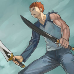 Rule 34 | 00s, 1boy, blouse, emiya shirou, fate/stay night, fate (series), glowing, glowing eyes, holding, holding sword, holding weapon, legs apart, male focus, muscular, raglan sleeves, red hair, shirt, solo, spiked hair, sword, torn clothes, torn shirt, weapon
