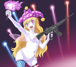 Rule 34 | absurdres, american flag, american flag legwear, american flag print, arm up, armpits, blonde hair, cleft of venus, clownpiece, colored skin, fairy wings, fireworks, flag print, gun, hat, highres, holding, holding weapon, jester cap, long hair, mime, navel, nipples, nude, nude filter, pale skin, polka dot, profitshame, purple eyes, pussy, rifle, standing, star (symbol), thighhighs, third-party edit, torch, uncensored, weapon, white skin, wings