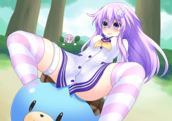 Rule 34 | 2girls, ass, blush, breasts, clothed sex, commentary request, covering privates, d-pad, d-pad hair ornament, day, dogoo, dress, facing viewer, girl on top, hair between eyes, hair ornament, hiding, highres, katade, leaning back, legs, looking down, medium breasts, multiple girls, neckerchief, nepgear, neptune (neptunia), neptune (series), o o, outdoors, parted lips, purple eyes, purple hair, sailor dress, sex, siblings, sisters, skindentation, solo focus, spread legs, straddling, striped clothes, striped legwear, striped thighhighs, surprised, thigh strap, thighhighs, thighs, upskirt, vaginal, white dress, yellow neckerchief