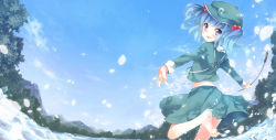 Rule 34 | 1girl, :d, bare legs, barefoot, blue eyes, blue hair, blue sky, cattail, day, ech, feet, female focus, hair bobbles, hair ornament, hat, kawashiro nitori, leg up, looking at viewer, looking back, matching hair/eyes, mountain, open mouth, outstretched arms, plant, short hair, skirt, sky, smile, soaking feet, solo, splashing, spread arms, touhou, twintails, two side up, wading, water