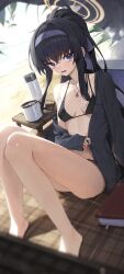 Rule 34 | 1girl, absurdres, bare legs, bare shoulders, barefoot, bikini, black bikini, black hair, black shirt, blue archive, blue eyes, blurry, bow, breasts, cup, depth of field, frown, hair bow, hairband, halo, halterneck, highres, huhi (huhi 1211), jewelry, long hair, long sleeves, looking at viewer, mug, necklace, off shoulder, official alternate costume, open clothes, open mouth, open shirt, ponytail, shirt, sitting, small breasts, solo, string bikini, swimsuit, thighs, ui (blue archive), ui (swimsuit) (blue archive), very long hair