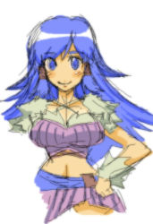 Rule 34 | 1girl, blue hair, breasts, cleavage, female focus, final fantasy, final fantasy crystal chronicles, midriff, red eyes, selkie, solo, white background, wolfie selkie (female)