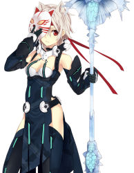Rule 34 | 1girl, animal ears, bad id, bad pixiv id, ballistic coat, bare shoulders, cat ears, detached sleeves, gloves, headband, looking at viewer, mask, phantasy star, phantasy star online 2, red eyes, roten (rotenburo), simple background, solo, staff, standing, thighhighs, weapon, white background, white hair