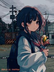 Rule 34 | 1girl, backpack, bag, black bag, black hair, black hairband, brown eyes, building, bush, can, closed mouth, dated, dithering, dot nose, hairband, holding, holding can, lamppost, long hair, low twintails, making-of available, nanami yuki (yuki77mi), neckerchief, original, outdoors, pixel art, plant, red neckerchief, sailor collar, shirt, standing, traffic barrier, twintails, upper body, white shirt