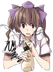 Rule 34 | 1girl, bar censor, blush, bottle, bow, brown eyes, brown hair, censored, hair bow, hat, himekaidou hatate, kamukamu (ars), long hair, mayonnaise, open mouth, pointy ears, puffy short sleeves, puffy sleeves, sexually suggestive, shirt, short sleeves, simple background, solo, spilling, tokin hat, touhou, twintails, upper body